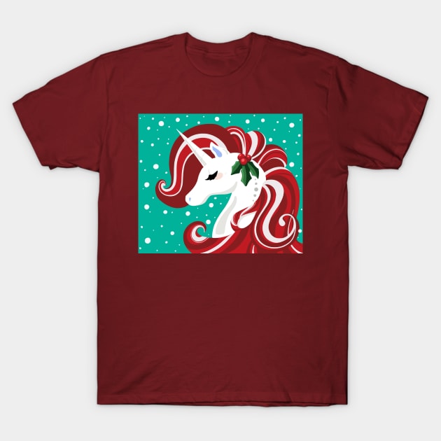 Candy Cane Holly Unicorn T-Shirt by Lady Lilac